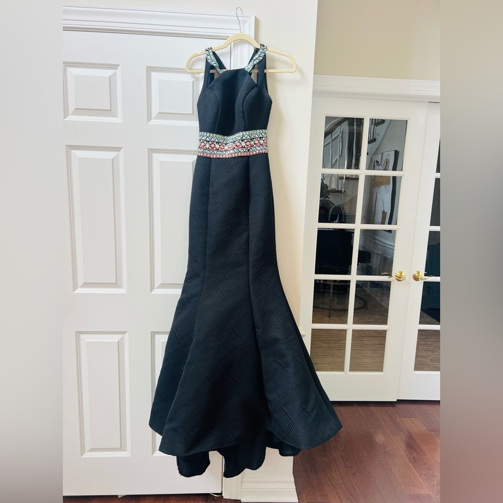 Rachel Allan Black Maxi Dress with Multicolor Waist